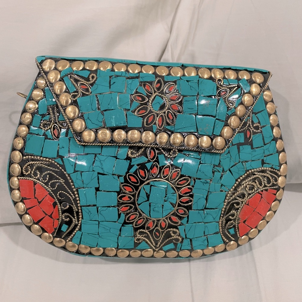 New Ramla turquoise tile mosaic gold stud shoulder purse